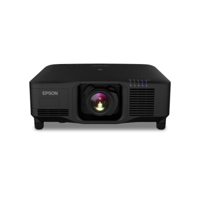 Projetor preto Epson com lente central e luzes LED azuis.