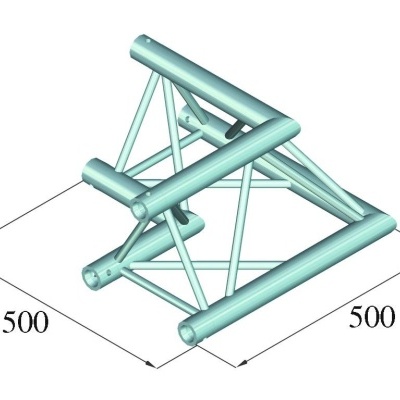 Estrutura metálica triangular azul clara com tubos cilíndricos e dimensões 500x500 mm