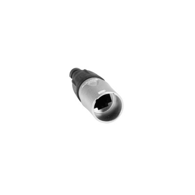 Conector metálico prateado com cabo preto