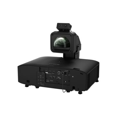 Projetor preto com várias portas na parte traseira