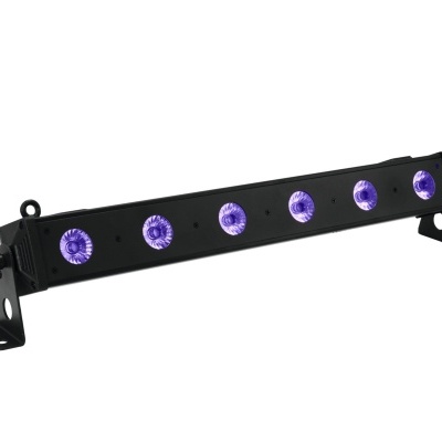 Barra de luz LED preta com seis lentes roxas