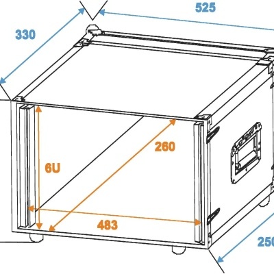 Esquema técnico de estojo metálico com medidas e marcação 8U