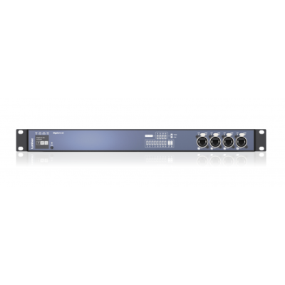 Equipamento eletrônico azul escuro para rack com conectores e display digital.