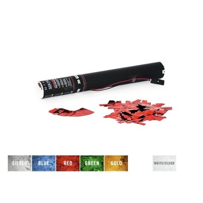 Tubo preto para lançar confete vermelho e preto em forma de estrelas sobre fundo branco