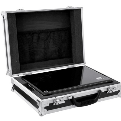 Mala de transporte preta rígida aberta com interior preto e superfície brilhante