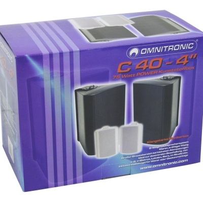 Embalagem azul contendo par de colunas pretas Omnitronic C40 4 polegadas