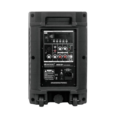 Coluna de som preta com painel traseiro e entradas de áudio