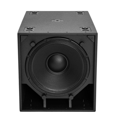 Subwoofer preto frente com cone circular e textura rugosa