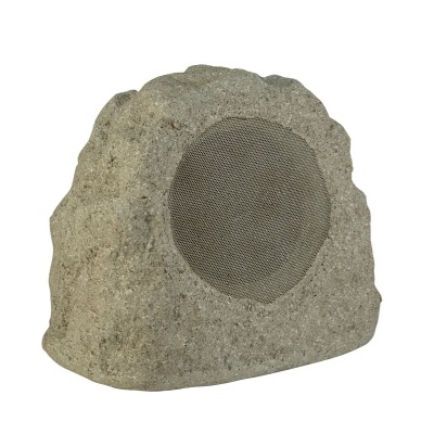 Coluna de som exterior em forma de pedra com grelha circular cinzenta