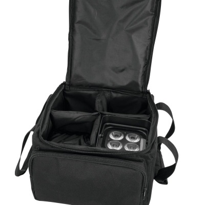 Bolsa de transporte preta com várias divisórias internas acolchoadas