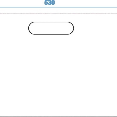 Desenho técnico de uma peça retangular com alça oval e medidas