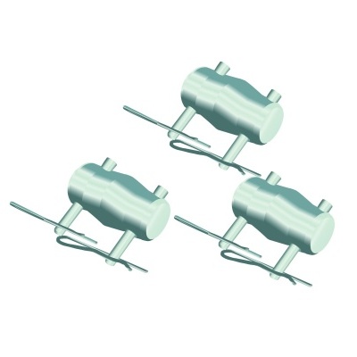 Três peças metálicas cilíndricas prateadas com alavancas e suportes