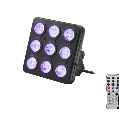 Luz quadrada com nove LEDs roxos e controle remoto branco