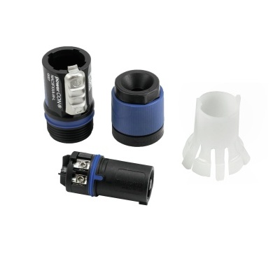 Conjunto de conectores elétricos pretos e azuis sobre fundo branco