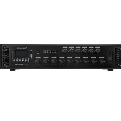 Amplificador profissional de áudio preto com botões de controlo e visor digital