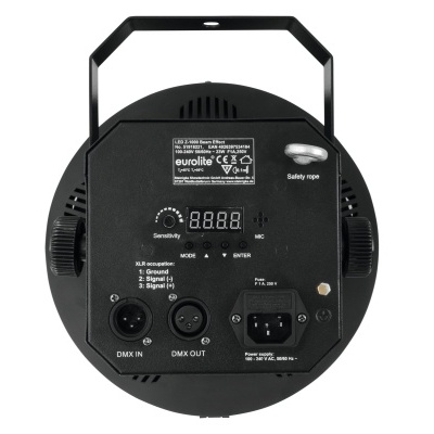 Dispositivo de iluminação circular preto com conectores DMX e ecrã digital