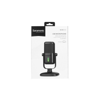 Microfone USB Saramonic SR-MV1000 na caixa com base preta e texto na embalagem.