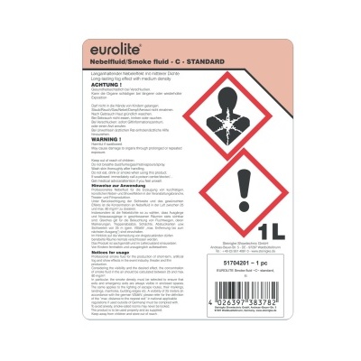 Etiqueta de fluido de fumo eurolite de 1 litro com símbolos de perigo e texto de advertência