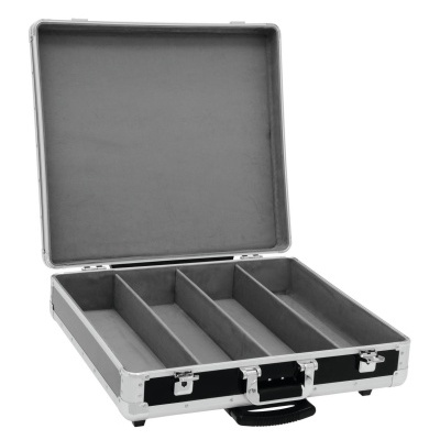 Mala de transporte rígida preta aberta com três compartimentos internos cinzentos
