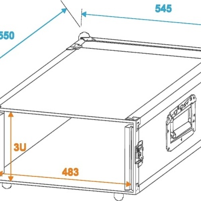 Caixa de rack metálica 3U com dimensões marcadas e alça lateral