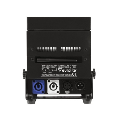 Vista traseira de dispositivo electrónico preto com conectores e autocolante da marca Veurolite