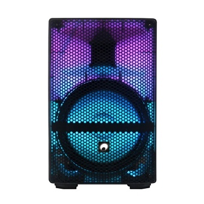 Coluna de música preta com luzes LED azuis e roxas e grelha hexagonal