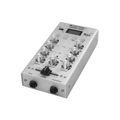 Mesa de mistura DJ branca com botões prateados e entradas para cabos