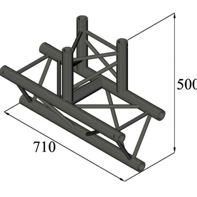 Estrutura metálica triangular preta com dimensões 710 mm e 500 mm