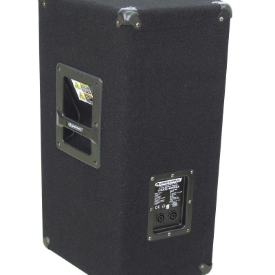 Coluna de som preta com tecido e cantos metálicos reforçados