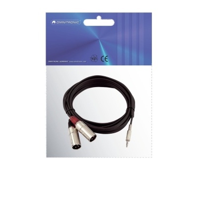 Cabo áudio preto com fichas XLR e jack em embalagem de cartão branco e azul