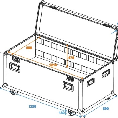 Caixa grande de armazenamento preta com tampa aberta e rodas.