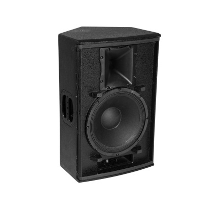 Coluna de som preta retangular com dois altifalantes visíveis, fundo branco