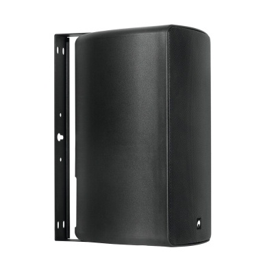 Coluna acústica preta com suporte de montagem lateral