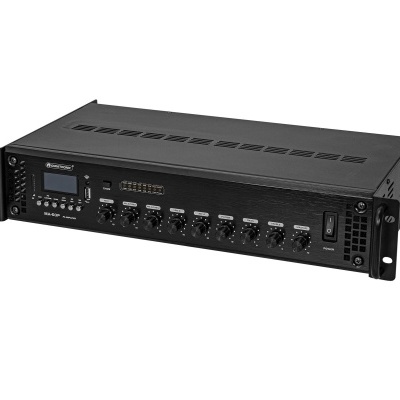 Amplificador de áudio preto com botões e ecrã pequeno