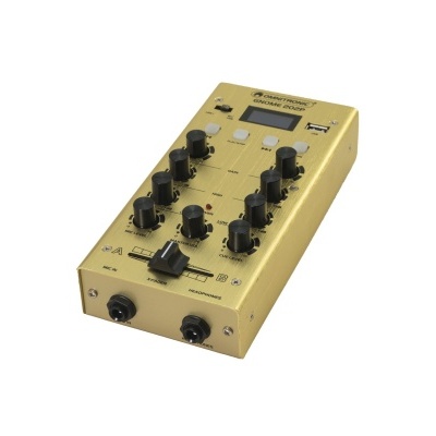 Mesa de mistura dourada com botões negros e ecrã digital