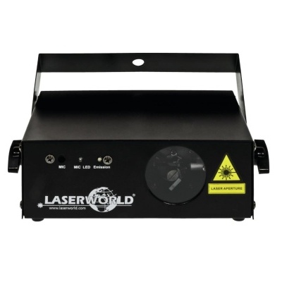 equipamento laser preto LASERWORLD com aviso LASER APERTURE e botões de controlo
