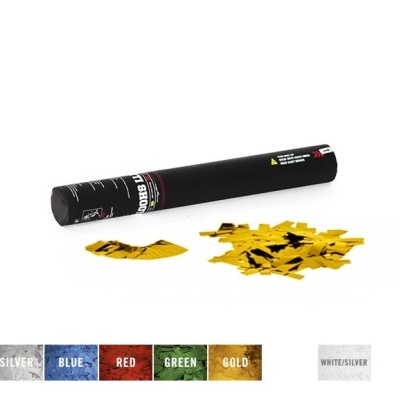 Cano de confetes preto com confetes metálicos amarelos e paleta de cores disponíveis.