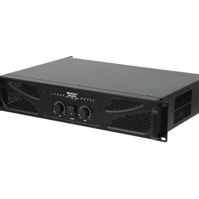 Amplificador de som preto para rack com botões de controlo e texto branco
