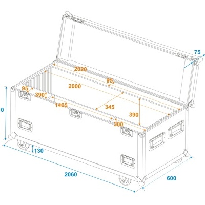 Desenho técnico de caixa de transporte branca com tampa aberta e dimensões anotadas