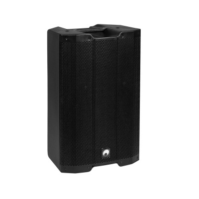 Coluna de som acústica preta com grelha metálica frontal
