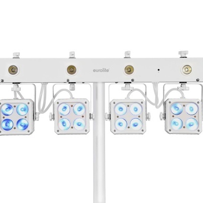 Quatro focos de luz LED azuis montados numa barra branca com a marca eurolite