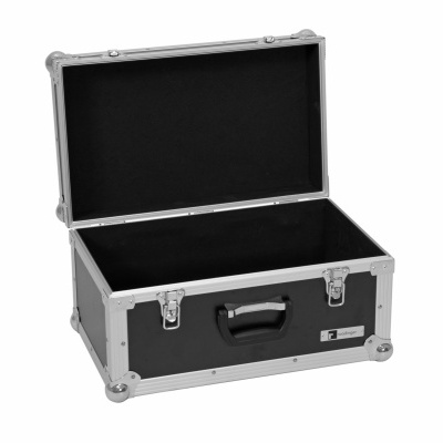 Mala rígida preta aberta com acabamento metálico prateado e interior forrado a tecido preto