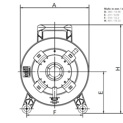 Desenho técnico a preto e branco de peça circular com medidas em mm e polegadas