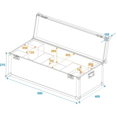 Caixa de armazenamento retangular branca com tampa aberta e dimensões técnicas