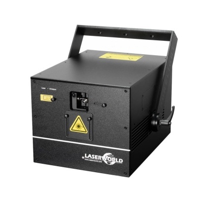 Projetor de laser preto LASERWORLD com alça e etiquetas de aviso