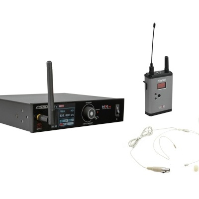 Equipamento de áudio com recetor, transmissor e microfone de lapela branco