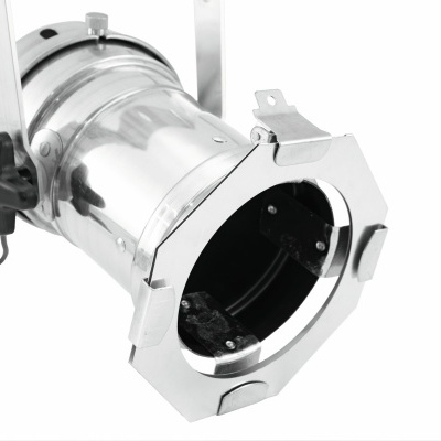 Luz de palco metálica prateada com suportes laterais e anel frontal