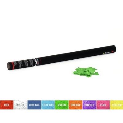 cano detonador preto com confetes verdes e amostras de cores