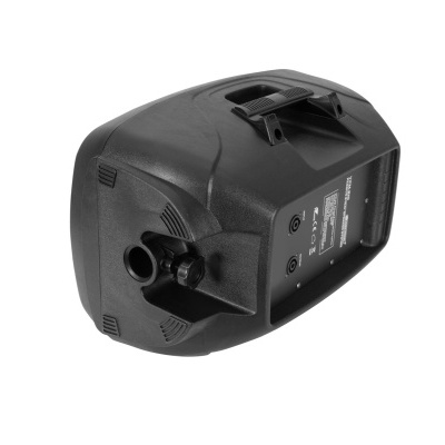 Coluna de som preta em plástico com controlo de volume, sobre fundo branco