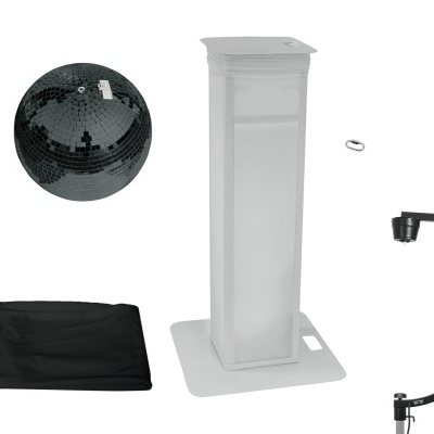 Conjunto de bola de discoteca preta, estrutura branca, tecido preto e suporte preto num fundo branco.